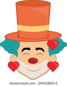 vector illustration face character clown cartoon, with an joy and love expression, surrounded by hearts