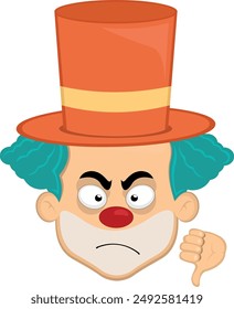 vector illustration face character clown cartoon, with thumb pointing down in concept of not approved or no like