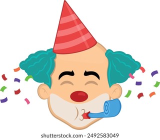 Caricatura de payaso de personaje de cara de Ilustración vectorial, con un sombrero de fiesta, serpentina y papel de confeti que cae