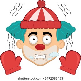 vector illustration face character clown cartoon shivering cold, wearing gloves and a winter hat, with breath vapor in his mouth