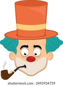 Ilustración vectorial cara personaje payaso de dibujos animados fumar e inhalar humo de tabaco de pipa