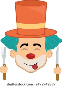 vector illustration face character clown cartoon, an expression of yummy how delicious with a knife and fork in his hands