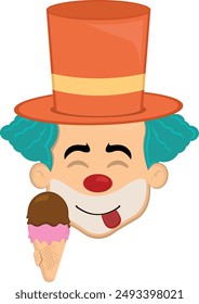 vector illustration face character clown cartoon, with an ice cream  wafer cone in his hand and an yummy expression