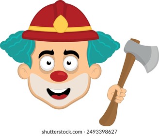 vector illustration face character clown cartoon, with a fireman helmet and axe in hand