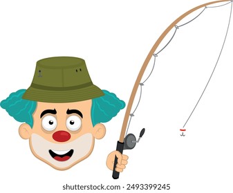vector illustration face character clown cartoon with a fisher hat and a fishing rod