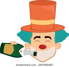 vector illustration face character clown cartoon, drinking champagne or cider from the bottle