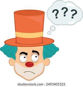 Caricatura de payaso de personaje de cara de Ilustración vectorial, con una expresión dudosa o pensante y una nube de pensamiento con signos de interrogación