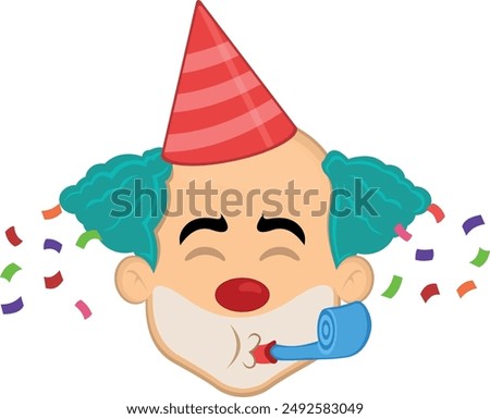 vector illustration face character clown cartoon, with a party hat, serpentine and falling confetti paper