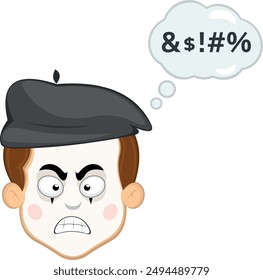 vector illustration face character of street artist mime cartoon, angry expression with a cloud thought and an insult text