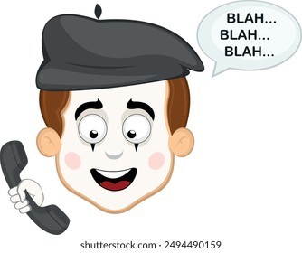 vector illustration face character of street artist mime cartoon, talking on the phone and a speech bubble with the text blah