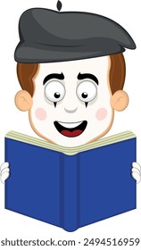 vector illustration face character of street artist mime cartoon, holding, reading and studying book