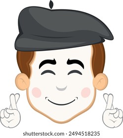 Carácter de cara de Ilustración vectorial de la caricatura del artista de la calle mime, cruzando los dedos de las manos, pidiendo un deseo o buena suerte