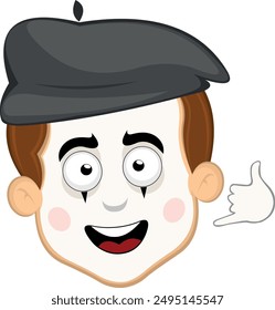 vector illustration face character of street artist mime cartoon, making a call me by phone or shake gesture with his hand