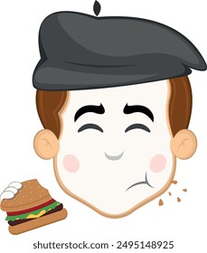 vector illustration face character of street artist mime cartoon, eating a hamburger