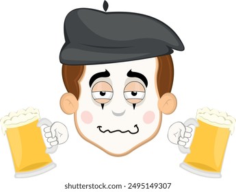 Carácter de la cara de Ilustración vectorial del artista de la calle mime dibujos animados, borracho con copas de cerveza en sus manos