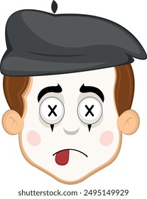 vector illustration face character of street artist mime cartoon, with crosses eyes in concept of dead character