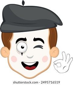 vector illustration face character of street artist mime cartoon, winking eye and with his hand making an ok or perfect gesture