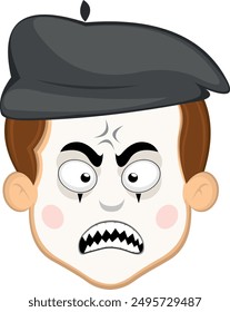 vector illustration face character of street artist mime cartoon, fury expression with a vein in his head and sharp teeth