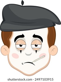 vector illustration face character of street artist mime cartoon, sick with a thermometer in his mouth and a bag of water on his head