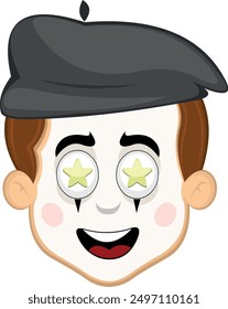 vector illustration face character of street artist mime cartoon, marveling with stars in his eyes