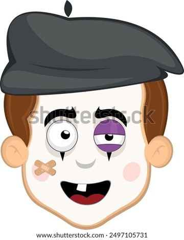 vector illustration face character of street artist mime cartoon injured with black eye, a single tooth