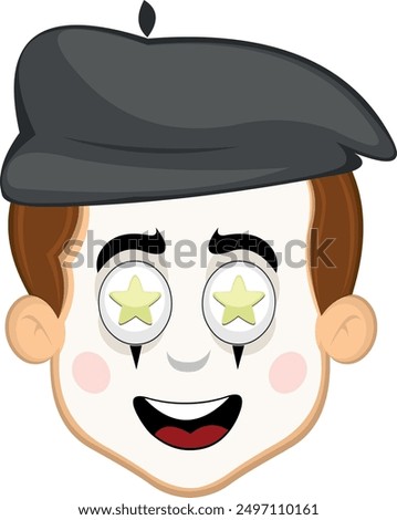 vector illustration face character of street artist mime cartoon, marveling with stars in his eyes