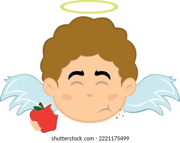 Imagen vectorial de la cara de una caricatura de un niño ángel comiendo una manzana