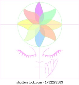 
Vector illustration of a face with closed eyes, a hand and a mandala on top. Meditation Mantra Set