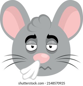 Vector illustration of the face of a cold cartoon mouse with a handkerchief on his nose