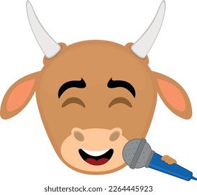 vector illustration face of a cow cartoon singing with a microphone in hand