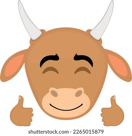 vector illustration face of a cow cartoon with a happy expression and hands with thumbs up