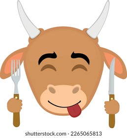 vector illustration face of a cow cartoon with an expression of yummy that delicious, with an expression of yummy that delicious