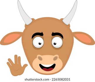 vector illustration face of a cow cartoon with a cheerful expression and making the classic vulcan salute
