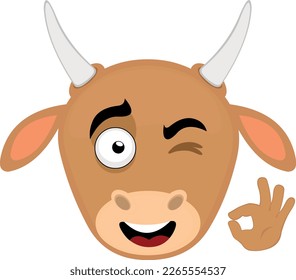 vector illustration face of a cow cartoon winking with a gesture of his hand of or perfect