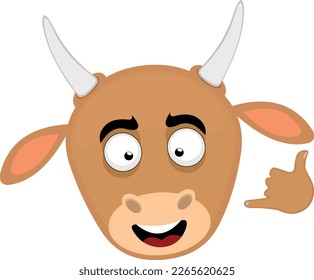vector illustration face of a cow cartoon making a gesture with his hand of call me or shake