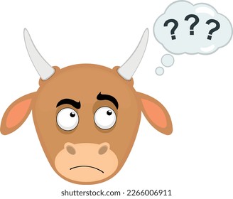 vector illustration face of a cow cartoon with a thinking expression or doubt, with a cloud thought with question marks