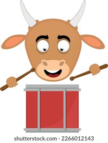 vector illustration face of a cow cartoon playing a drum with chopsticks