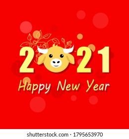 imagen vectorial de un lindo y divertido toro. Año nuevo del toro. Símbolo del año en gráficos vectoriales con letras doradas sobre fondo rojo