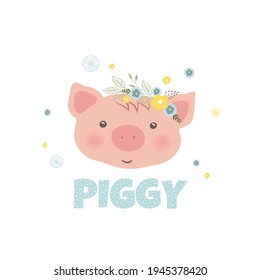 Vector illustration of the face of a cute little pig,children's print on clothes.