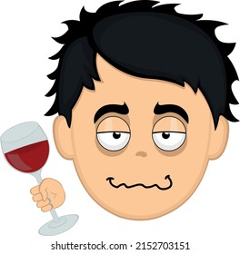 Vector illustration of the face of a drunk cartoon man with a glass of wine in his hand