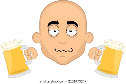 Vector illustration of the face of a drunk cartoon bald man with beers in his hands