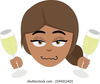 Vector illustration of the face of a drunk cartoon brunette woman with glasses of champagne or cider in her hands