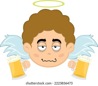 Vector illustration of the face of a drunk cartoon angel with glasses of beer in his hands