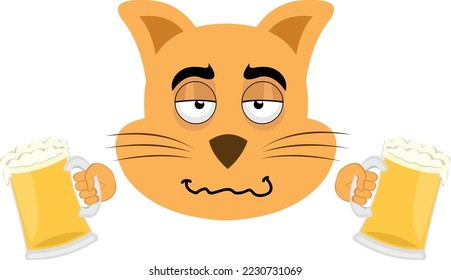 vector illustration of the face of a drunk cartoon cat with beers in his hands