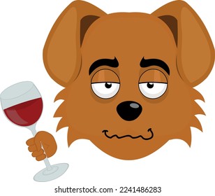 ilustración vectorial de la cara de un perro de dibujos animados borracho con un vaso de vino en la mano