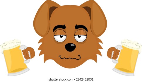 vector illustration of the face of a drunk cartoon dog with beers in his hands