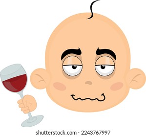 ilustración vectorial de la cara de un bebé de dibujos animados borracho con un vaso de vino en la mano