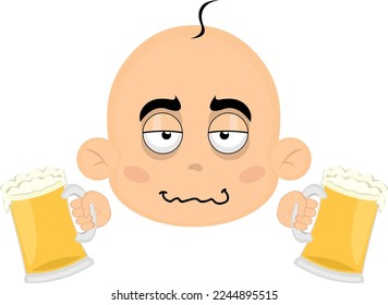 vector illustration of the face of a drunk cartoon baby with beers in his hands ...