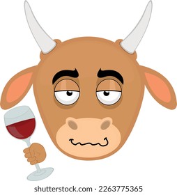 vector illustration face of a drunk cartoon cow with a glass of wine in her hand
