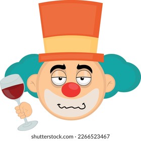 vector illustration face of a drunk cartoon clown with a glass of wine in his hand